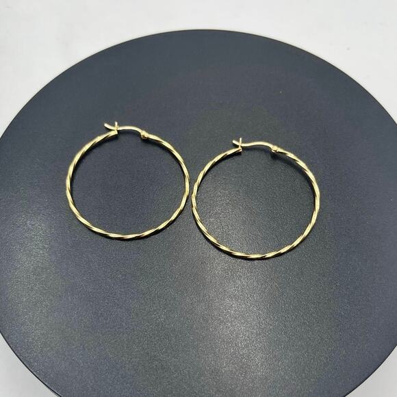 Designer Signed 14k 585 Yellow Gold Twisted Hoop Earrings 40mm, 2.1 grams - Picture 1 of 10